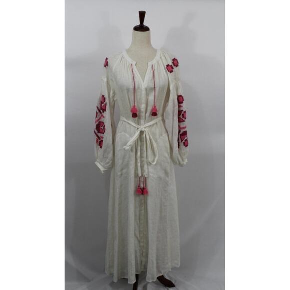 ELEVEN March 11 Sz XS Ivory Linen Pink Embroidered Belted Midi Dress - Picture 2 of 9